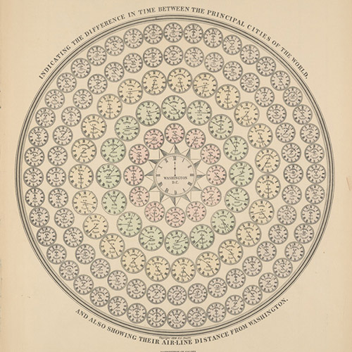 1894 map depicting time in different major cities around the world relative to Washington, D.C.
