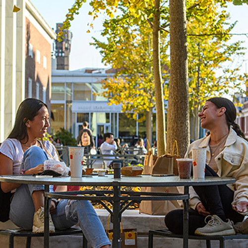 Two students seated at cafe table on library terrace