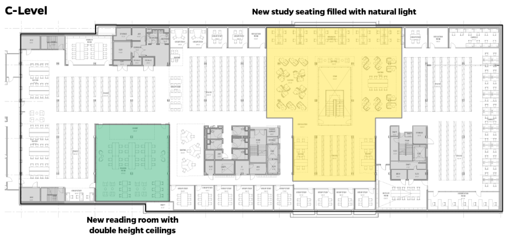 library floor plan with highlighted areas