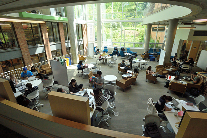 students studying in the brody learning commons atrium