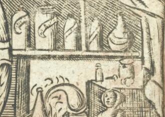 historical engraving of a person distilling