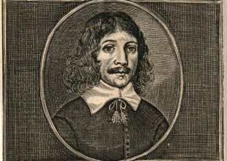 engraved portrait of Thomas Brugis centered with four vignettes of his work and equipment in the four corners of the page