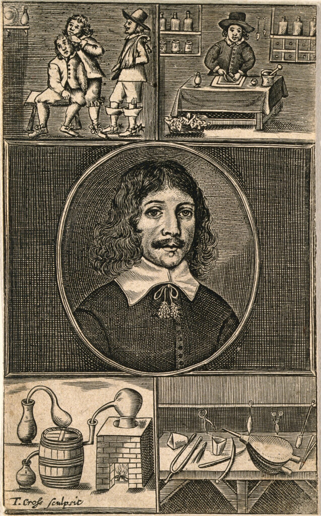 engraved portrait of Thomas Brugis centered with four vignettes of his work and equipment in the four corners of the page