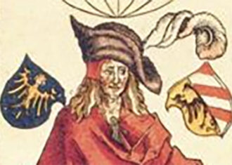 color illustration of a person with two crests